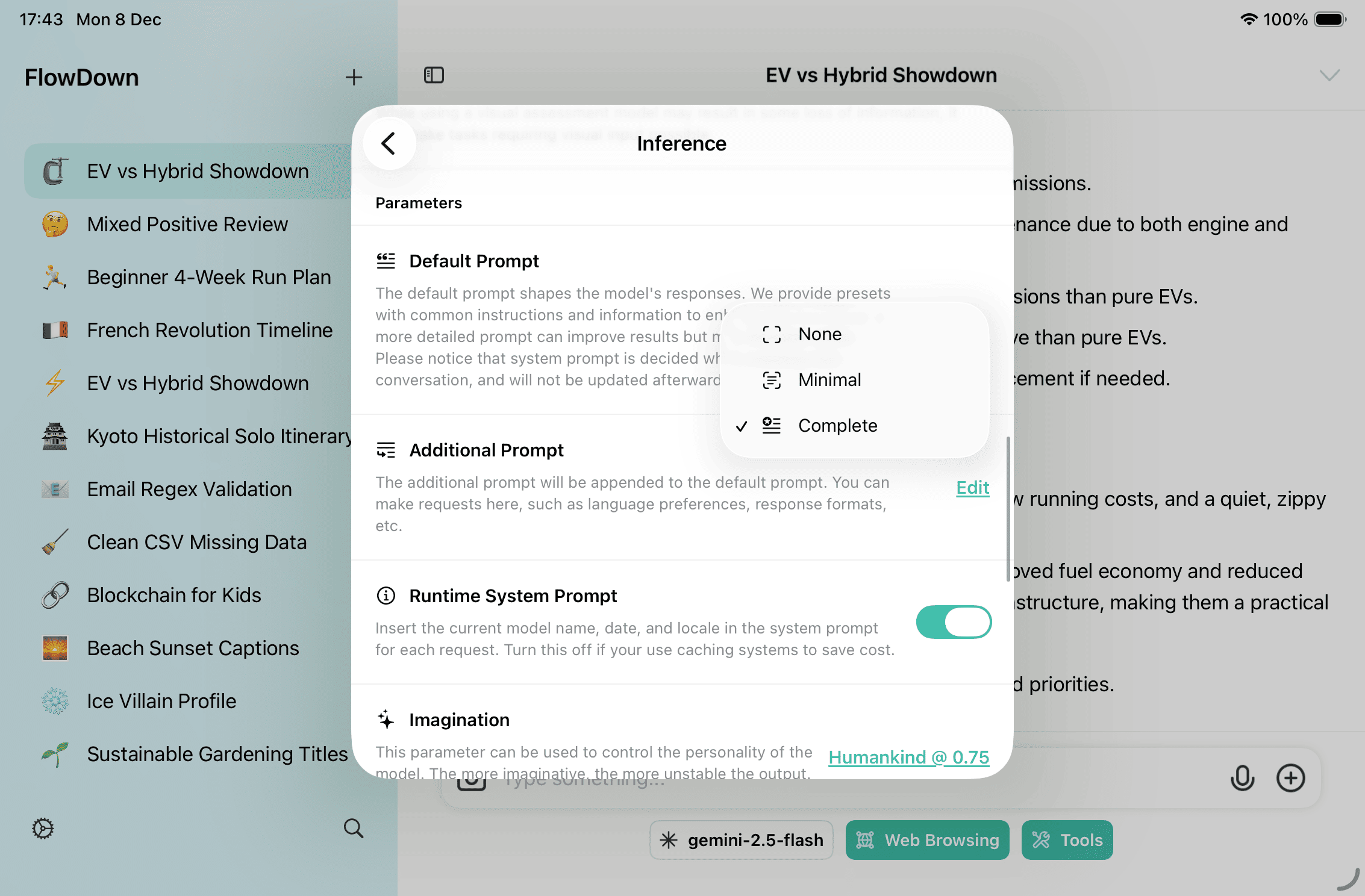 Global inference settings and default prompt